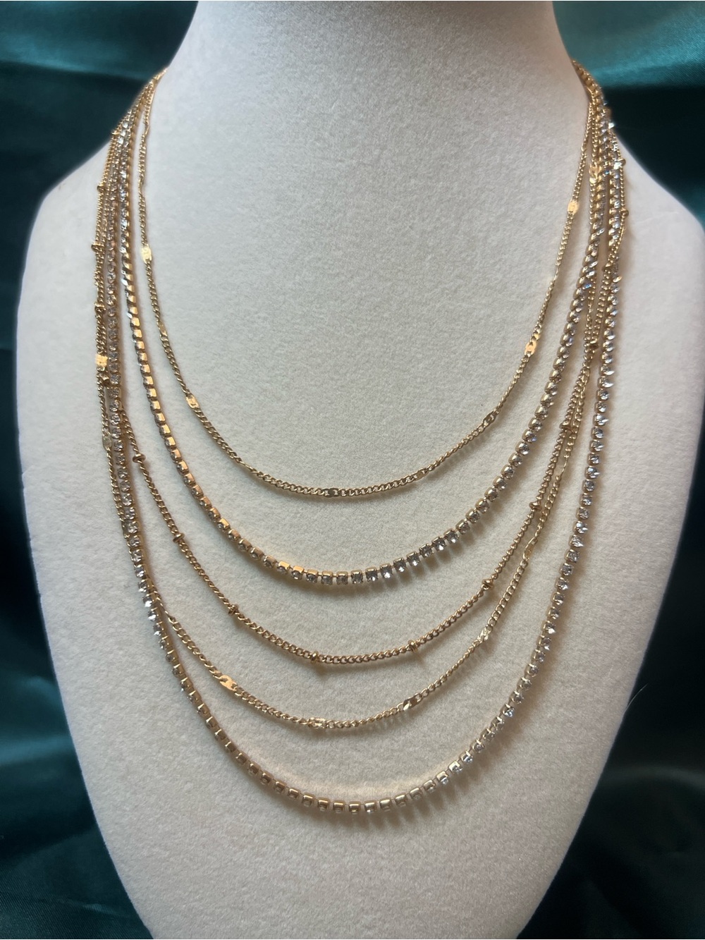 Vintage Layered Gold Tone Multi-Chain Necklace with Rhinestone Accents